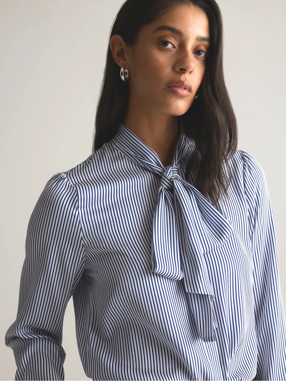 Quince Blue and White Striped Silk Tie-Neck Button-Down Blouse